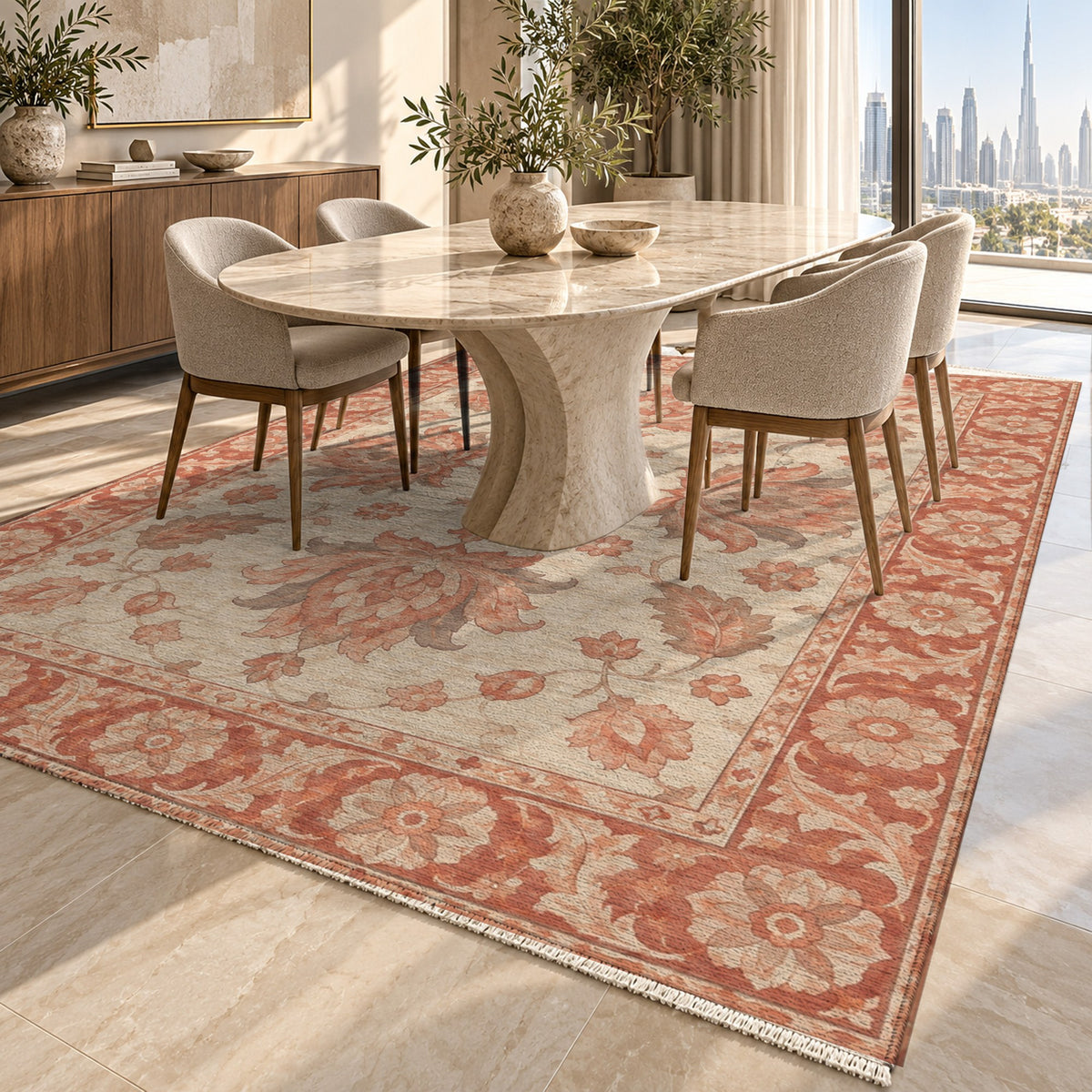 Lotus Courtyard Coral Sand Classic Washable Rug — dubai dining