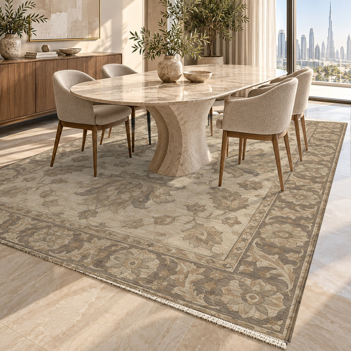 Lotus Courtyard Ivory Taupe Classic Washable Rug — dubai dining