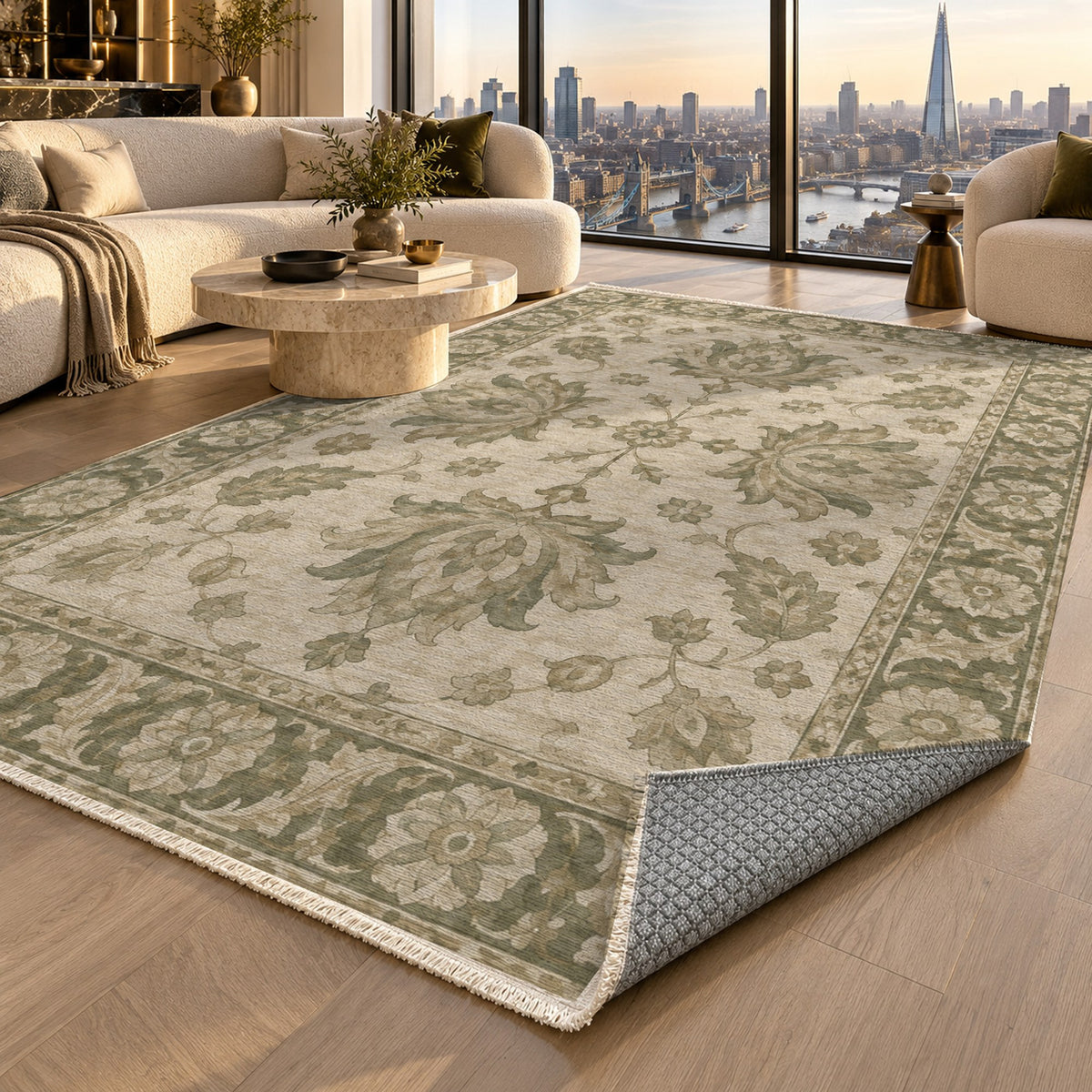 Lotus Courtyard Sage Cream Classic Washable Rug — london luxury living