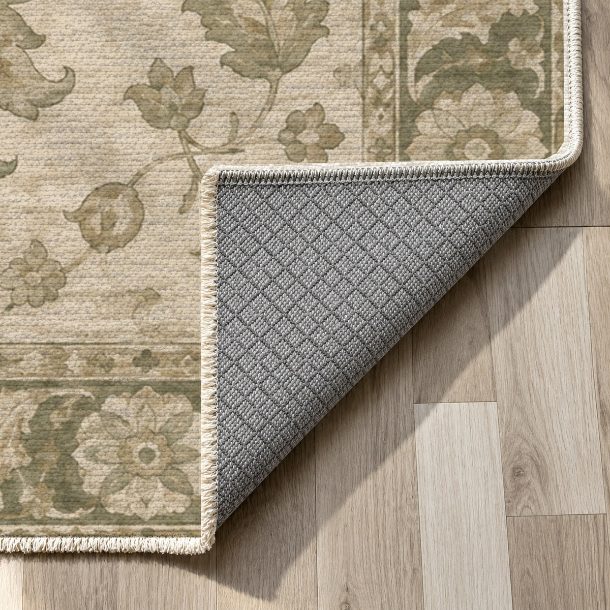Lotus Courtyard Sage Cream Classic Washable Rug — backing close up
