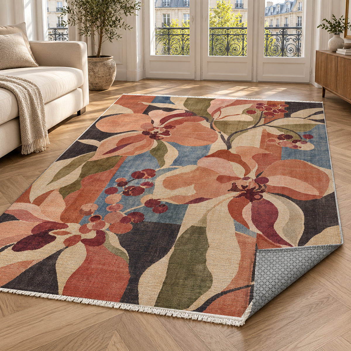 Magnolia Peach Floral Washable Rug — paris living