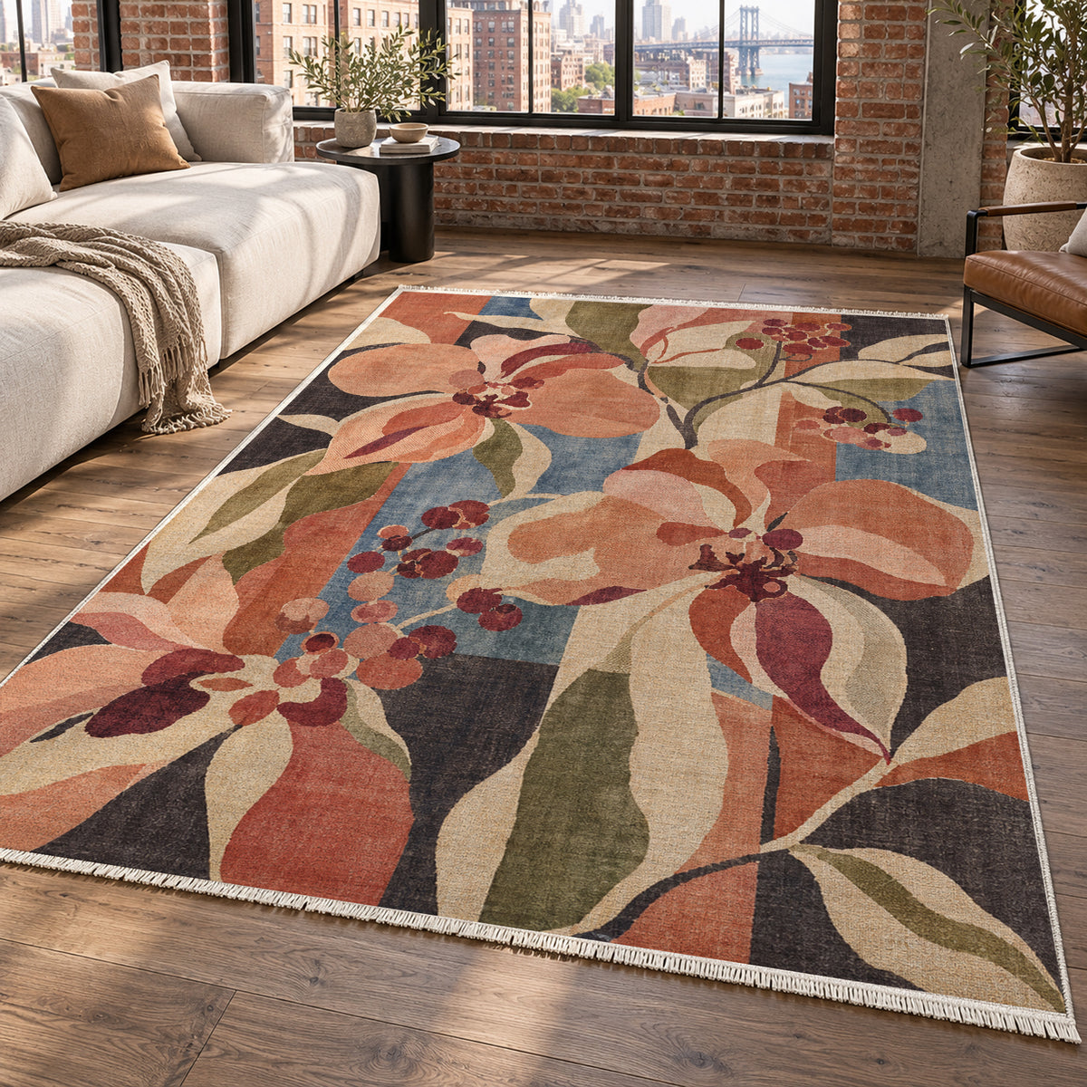 Magnolia Peach Floral Washable Rug — new york living