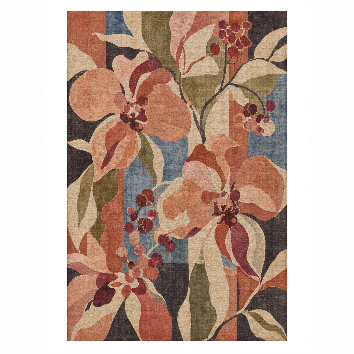 Magnolia Peach Floral Washable Rug — top view