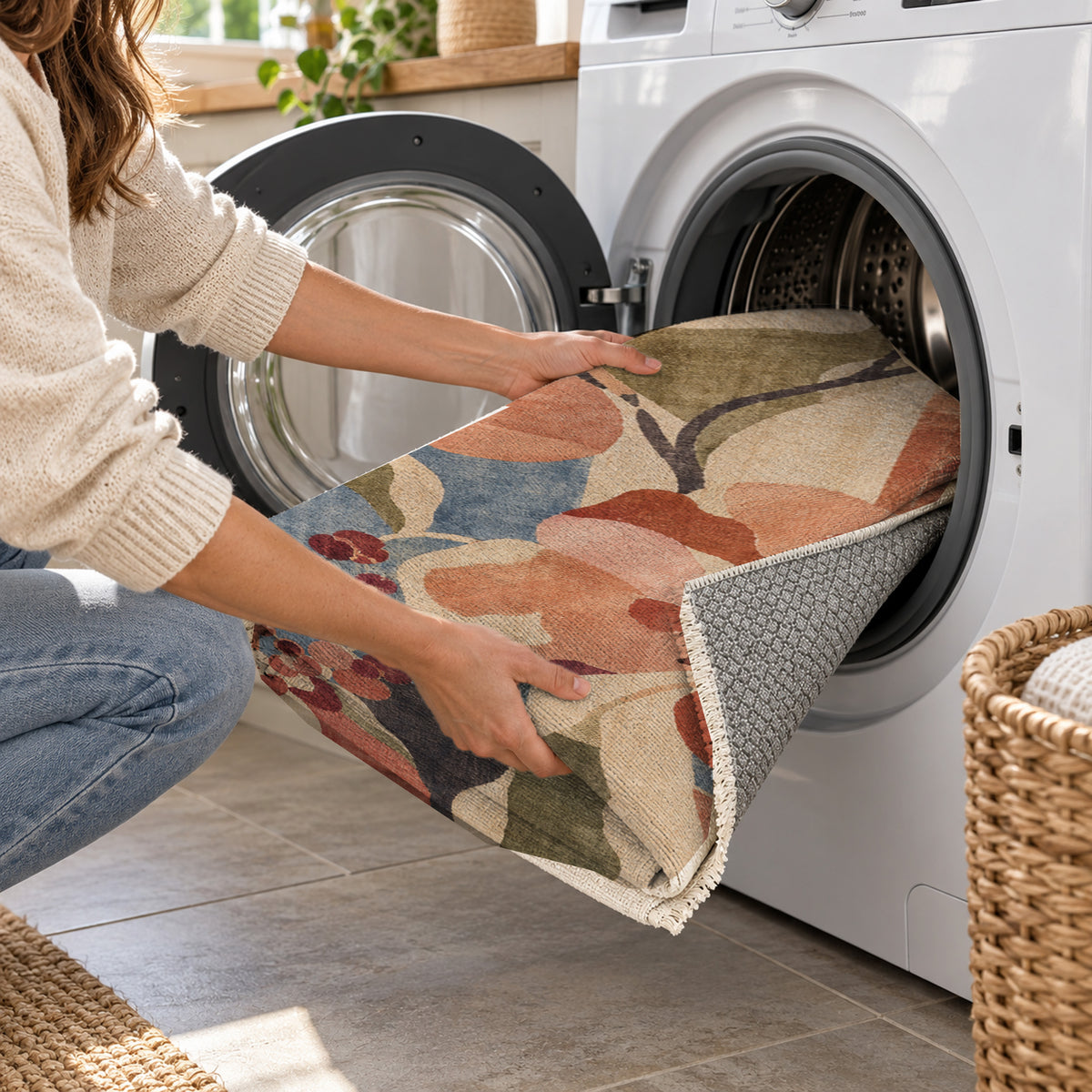 Magnolia Peach Floral Washable Rug — washing machine