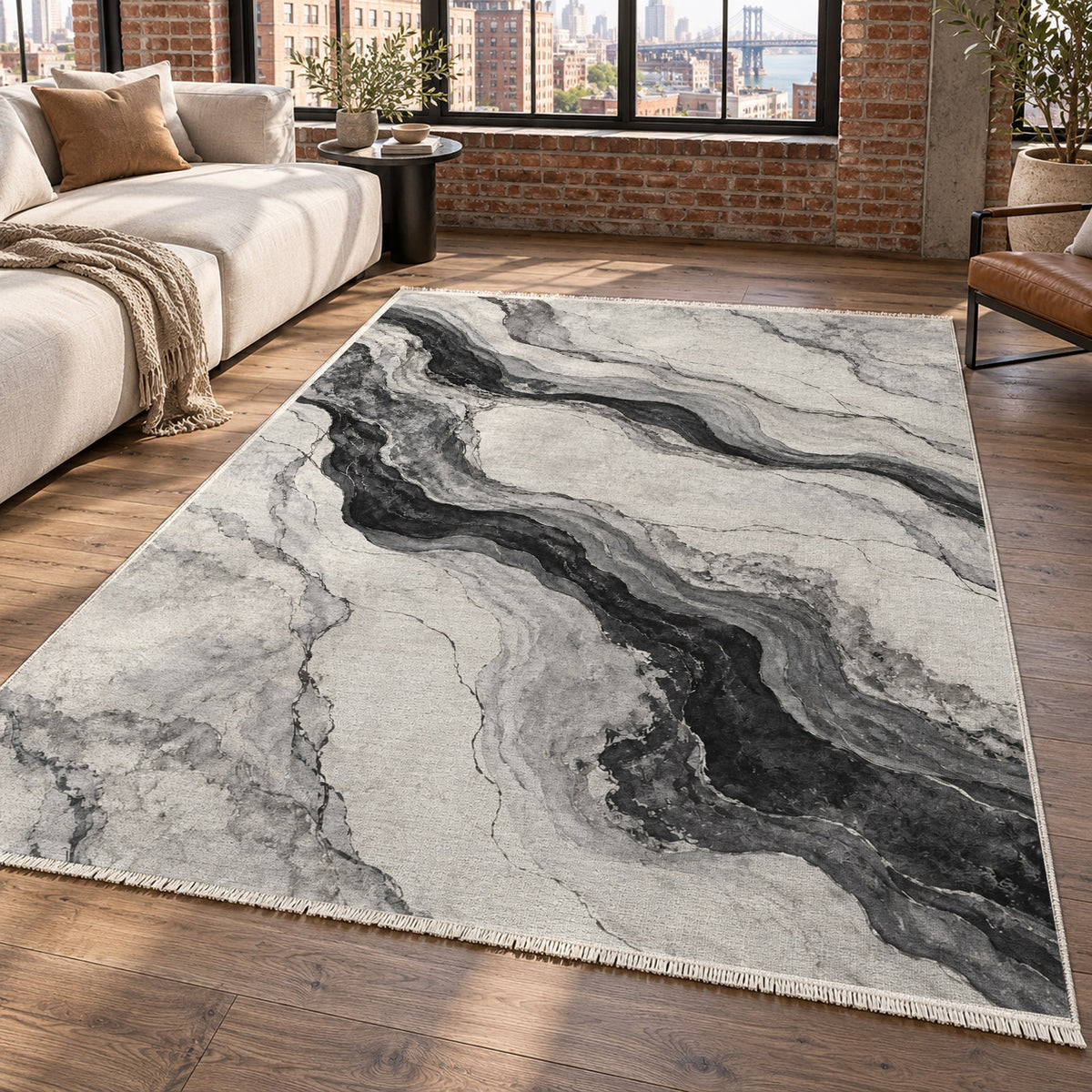 Marble Veins Charcoal Abstract Washable Rug — new york living