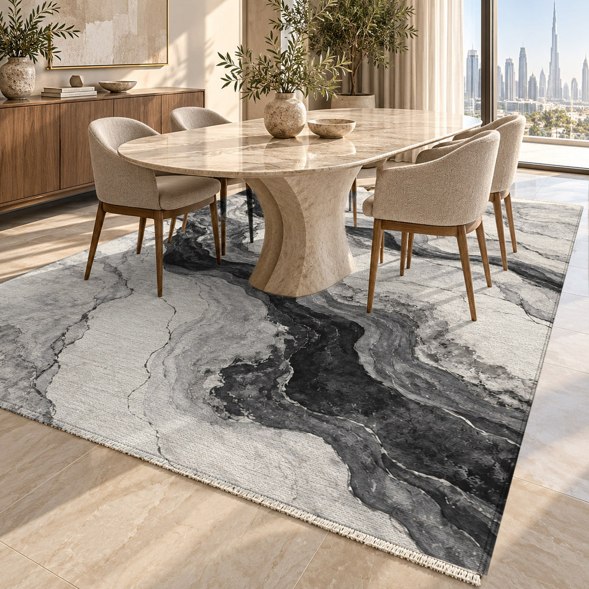 Marble Veins Charcoal Abstract Washable Rug — dubai dining