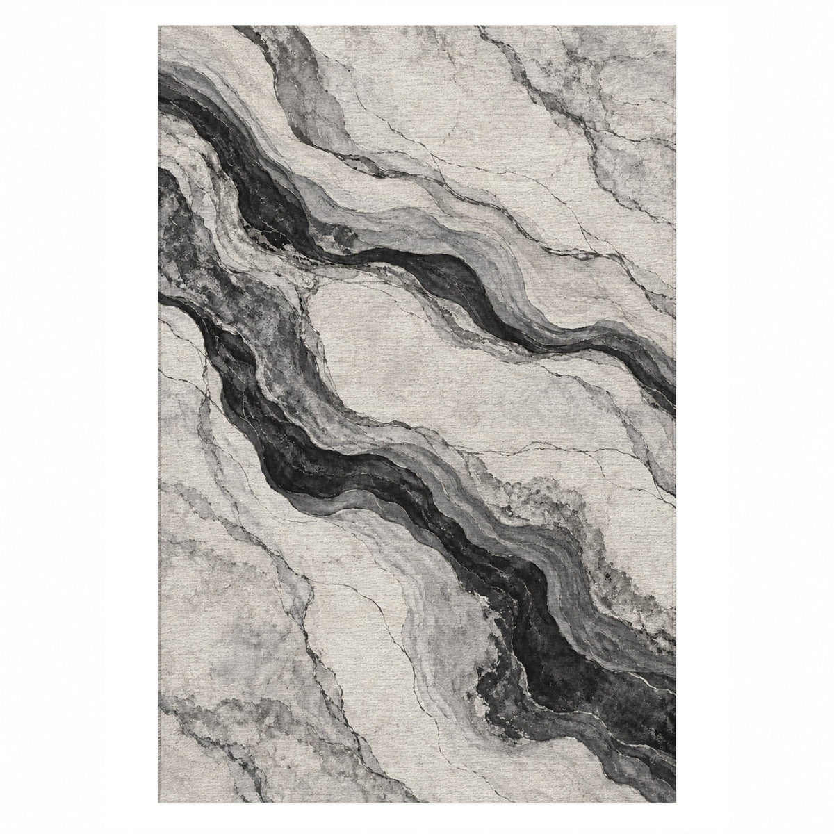 Marble Veins Charcoal Abstract Washable Rug — top view