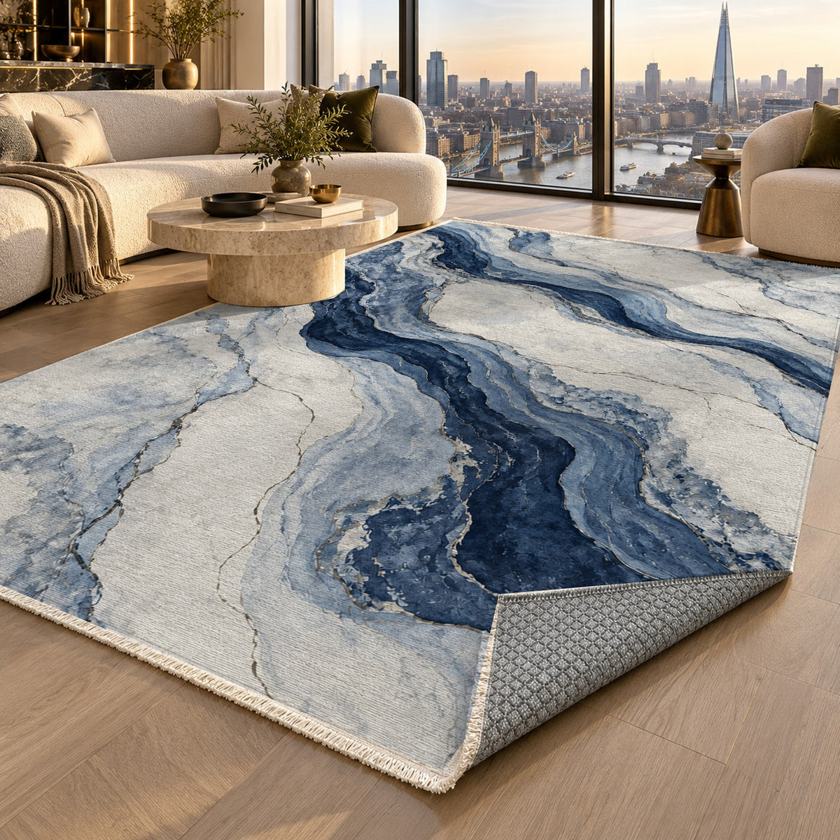 Marble Veins Indigo Abstract Washable Rug — london luxury living