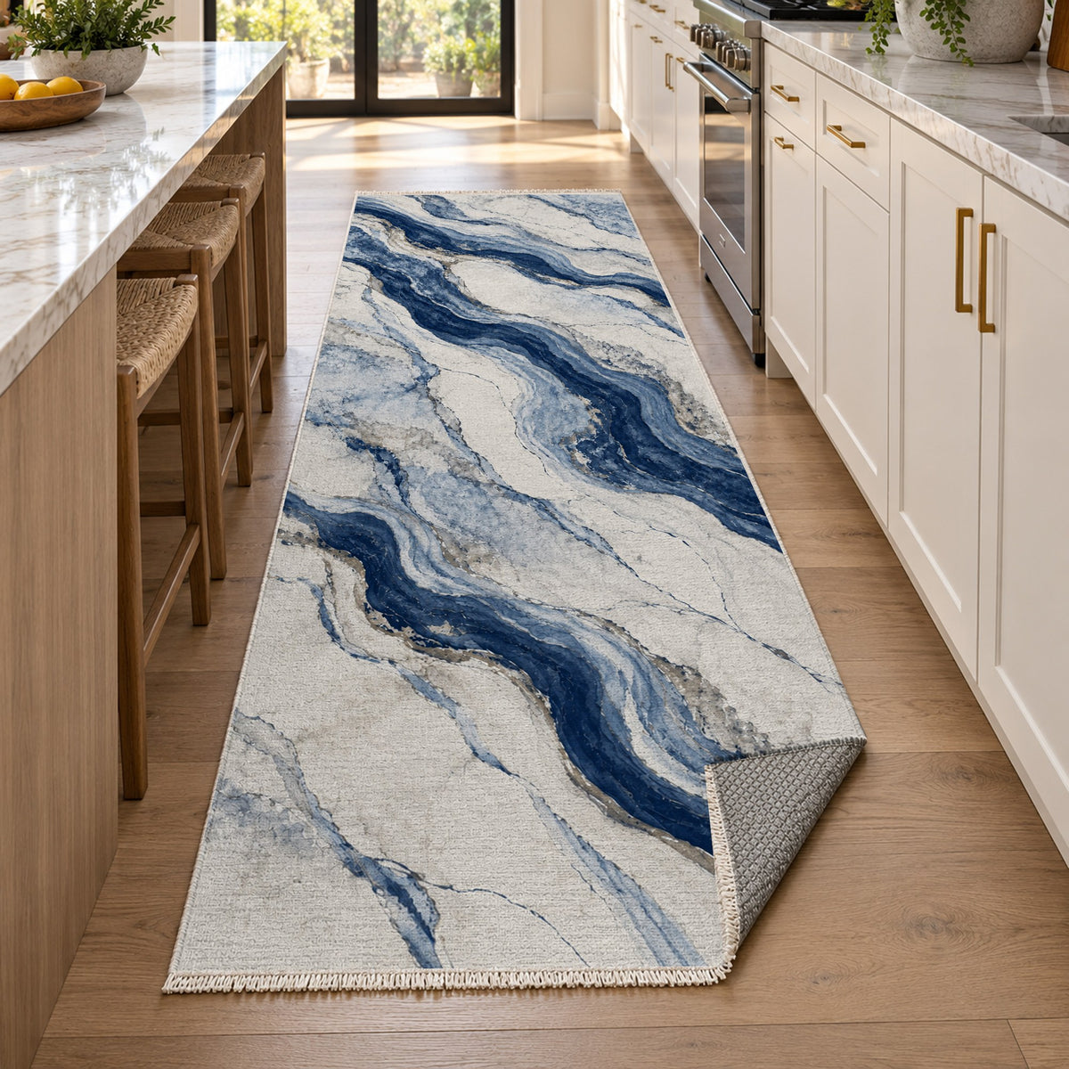 Marble Veins Indigo Abstract Washable Rug — new york kitchen runner