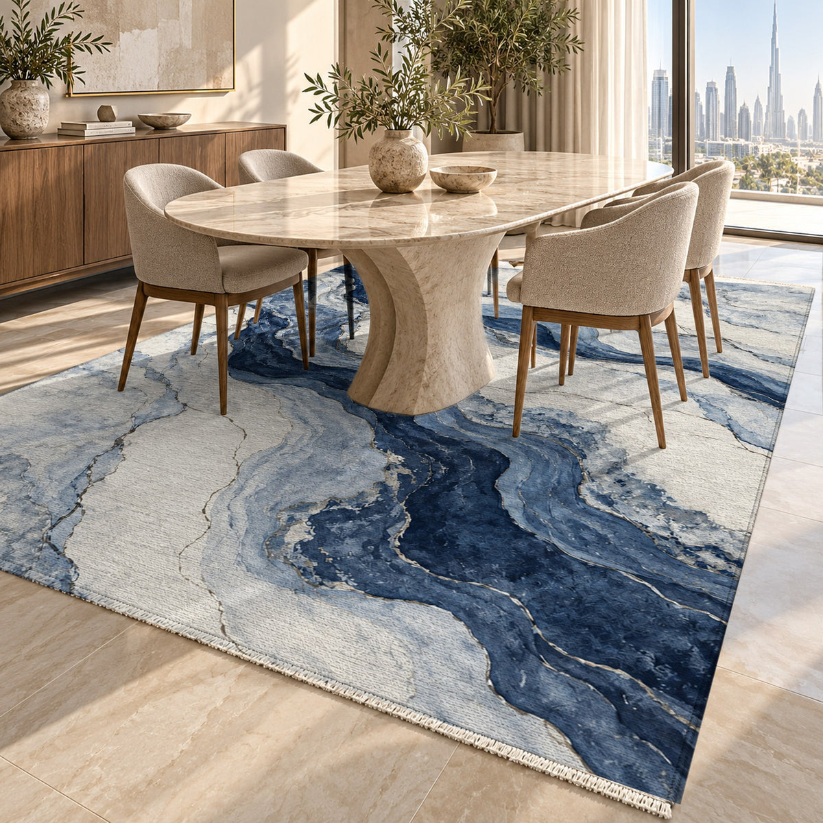 Marble Veins Indigo Abstract Washable Rug — dubai dining