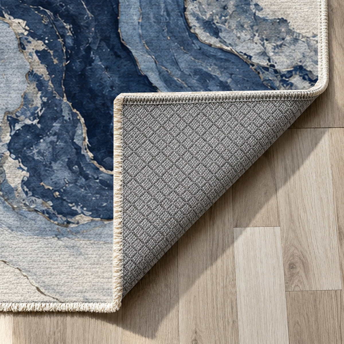 Marble Veins Indigo Abstract Washable Rug — backing close up