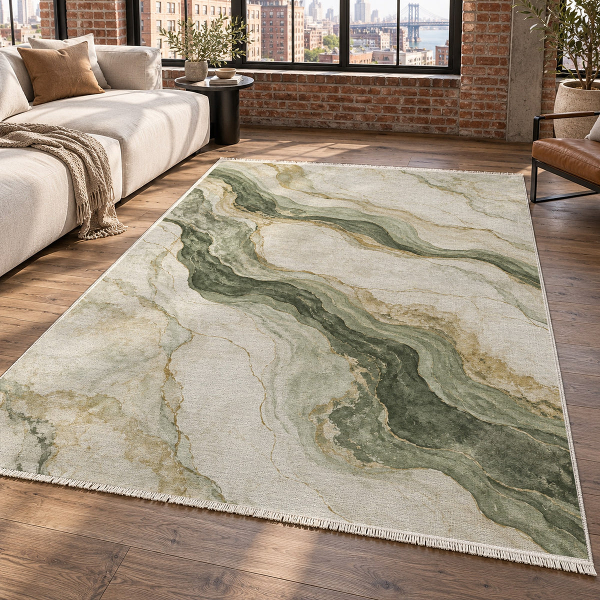 Marble Veins Sage Abstract Washable Rug — new york living