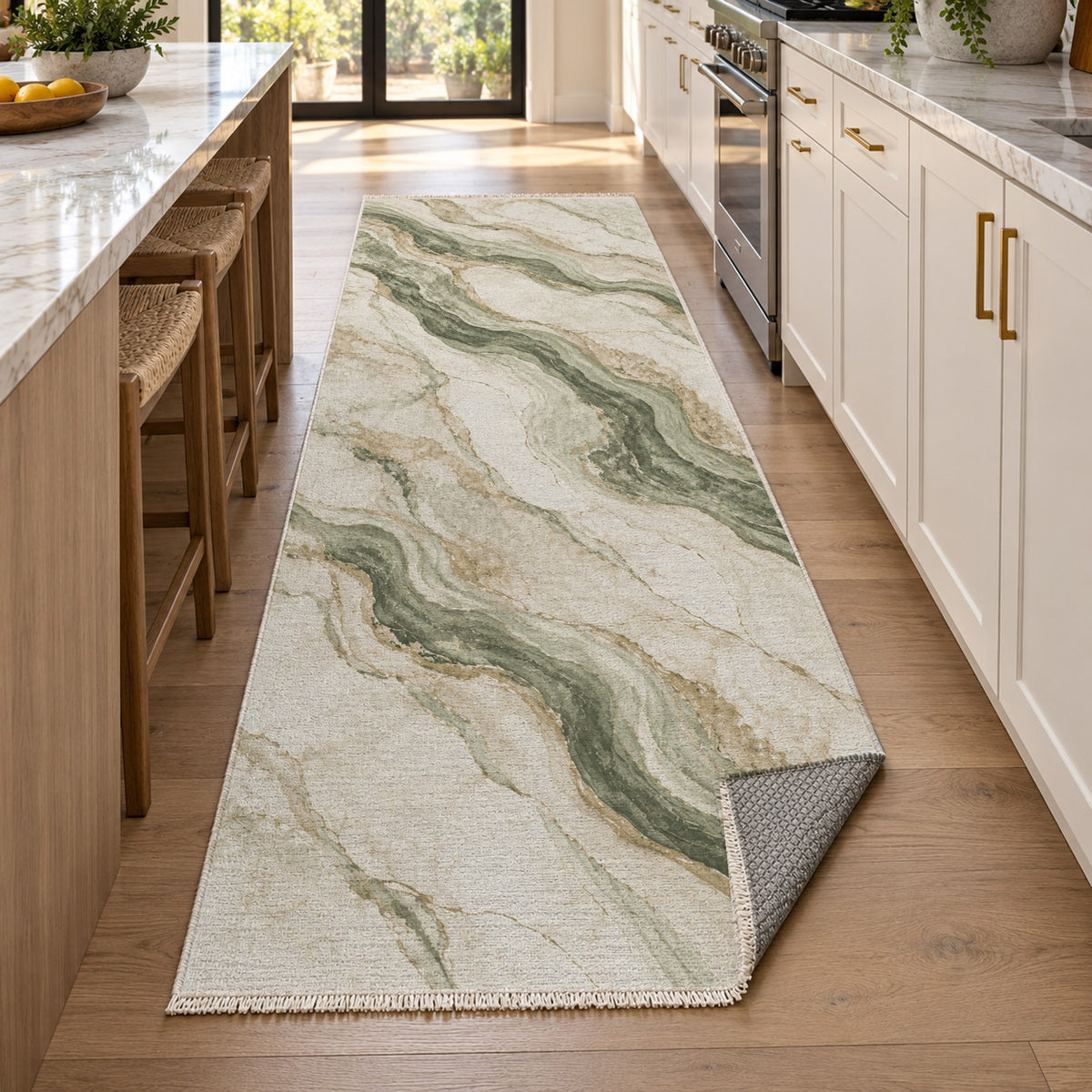 Marble Veins Sage Abstract Washable Rug — new york kitchen runner
