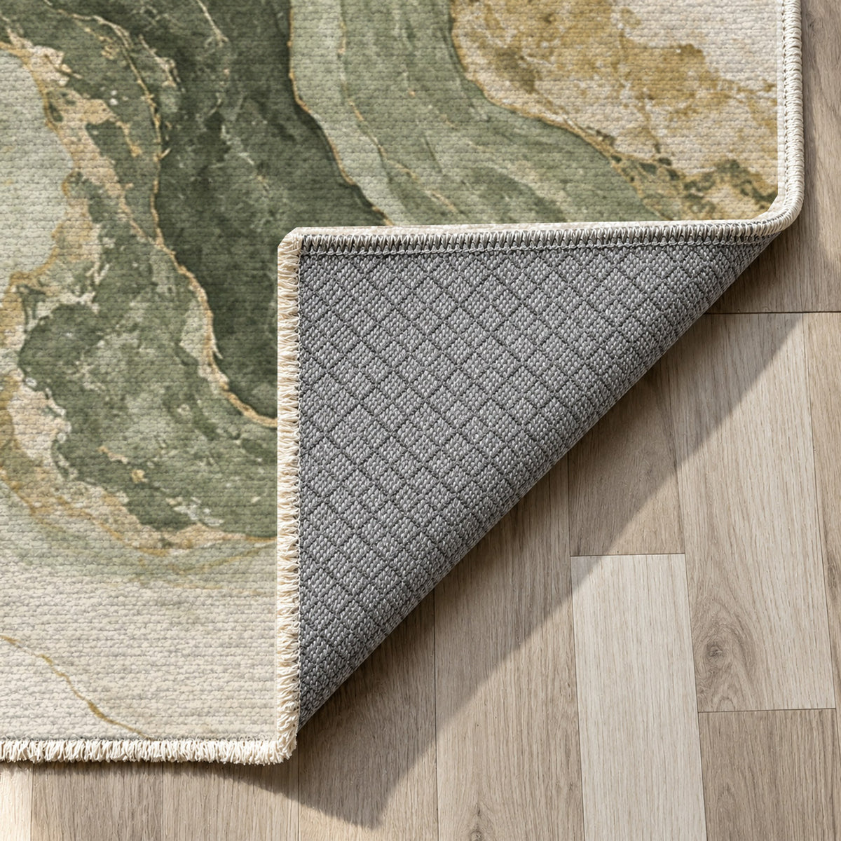Marble Veins Sage Abstract Washable Rug — backing close up