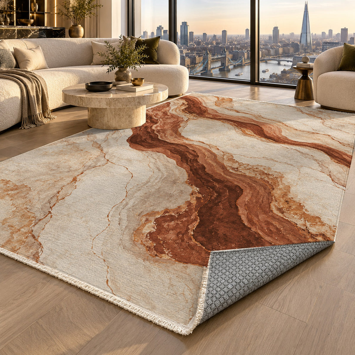 Marble Veins Terracotta Abstract Washable Rug — london luxury living