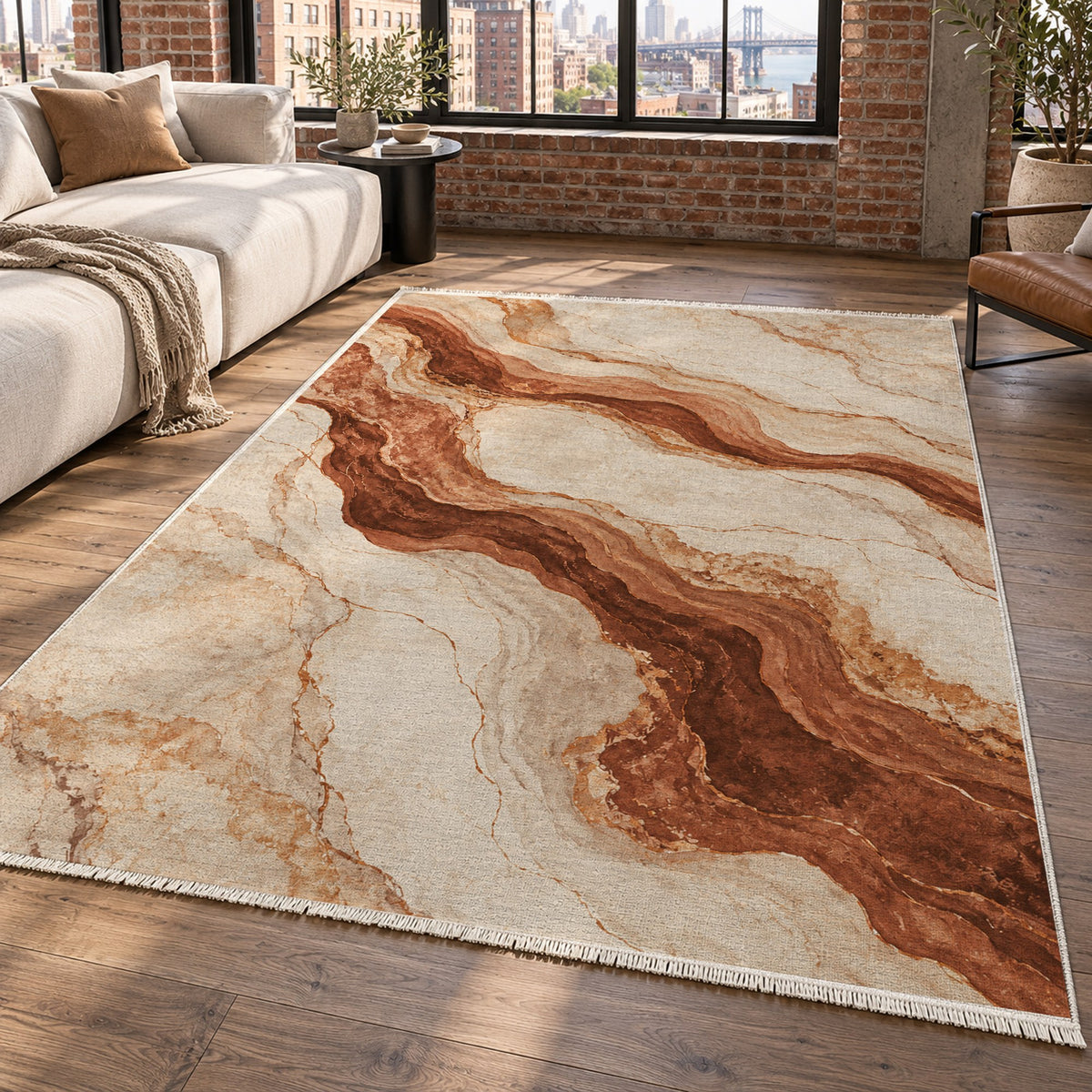 Marble Veins Terracotta Abstract Washable Rug — new york living
