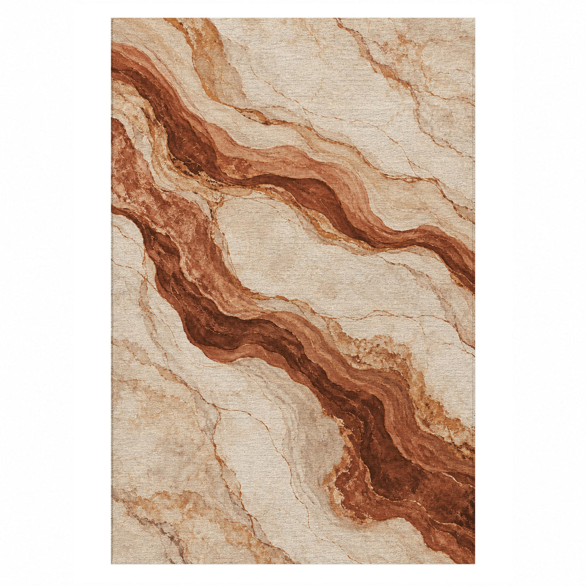 Marble Veins Terracotta Abstract Washable Rug — top view