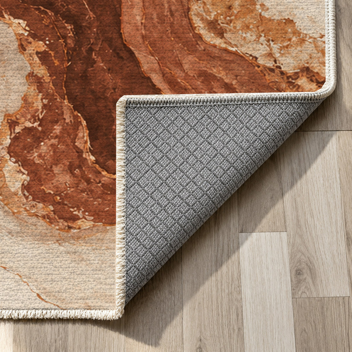 Marble Veins Terracotta Abstract Washable Rug — backing close up