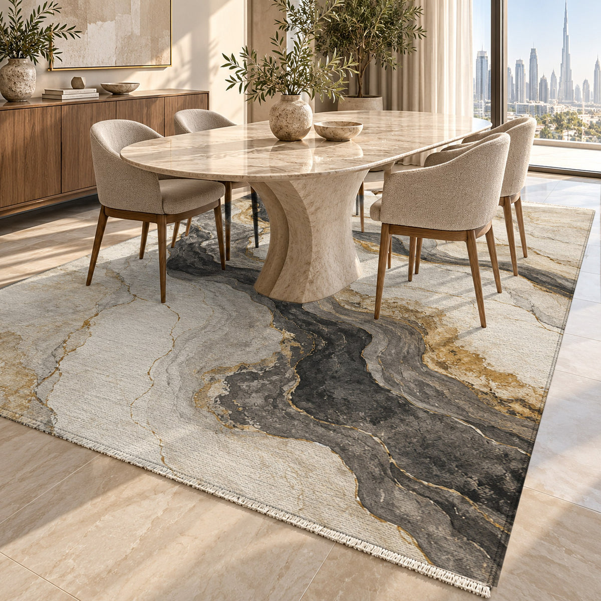 Marble Veins Abstract Washable Rug — dubai dining
