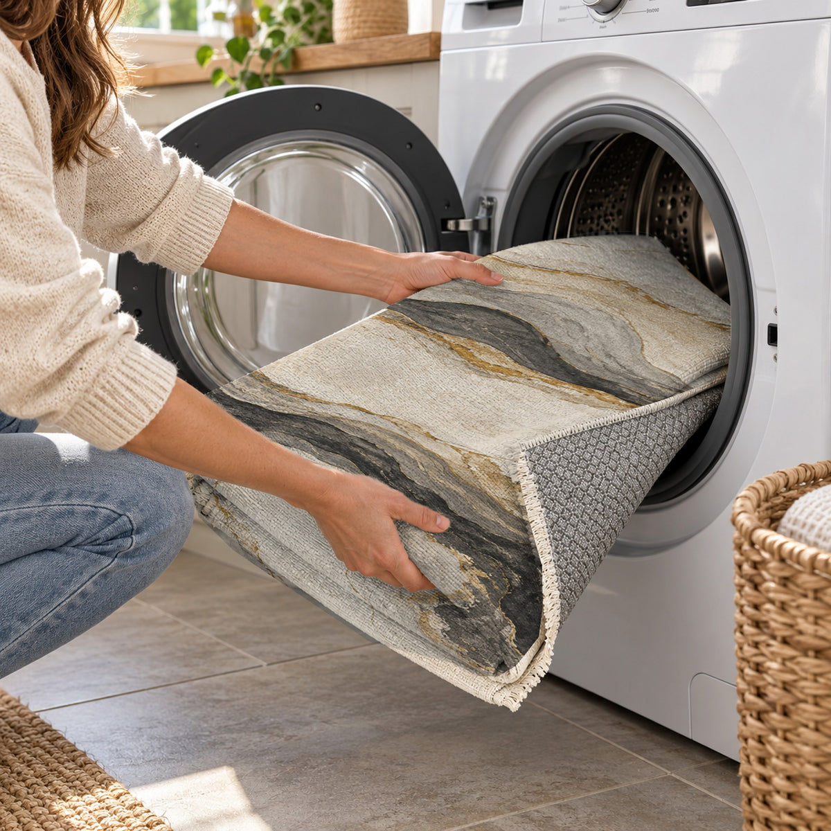 Marble Veins Abstract Washable Rug — washing machine
