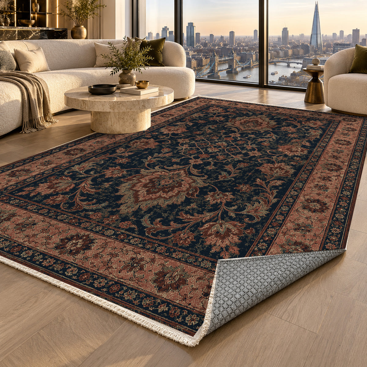Mashhad Indigo Classic Washable Rug — london luxury living