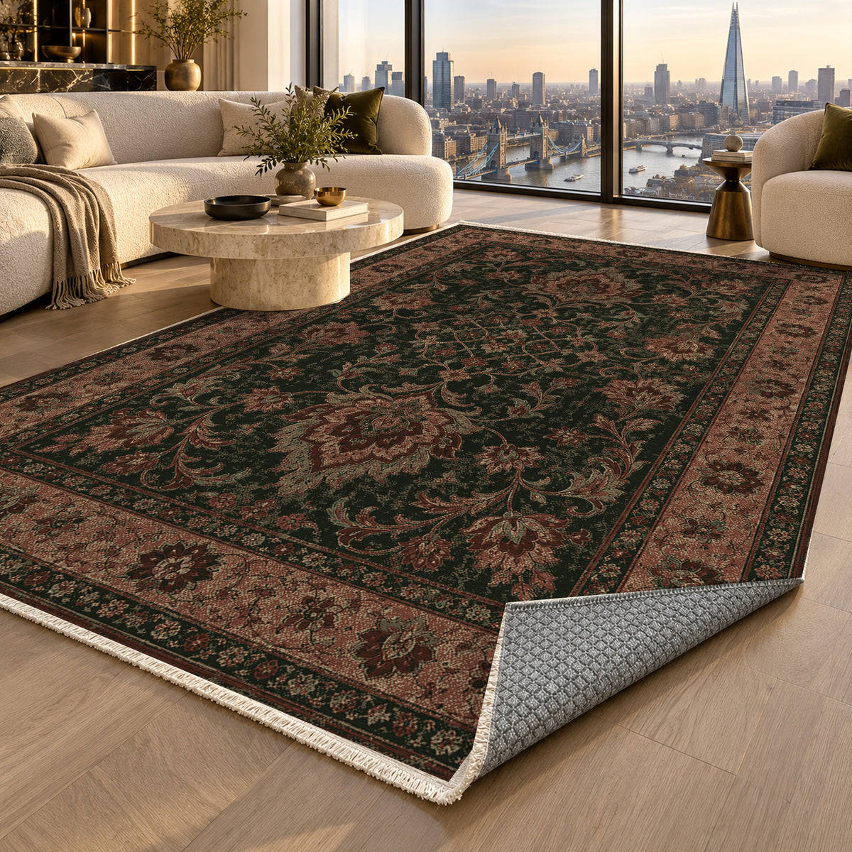 Mashhad Olive Classic Washable Rug — london luxury living