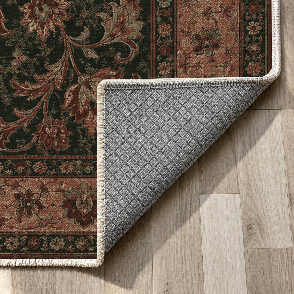 Mashhad Olive Classic Washable Rug — backing close up