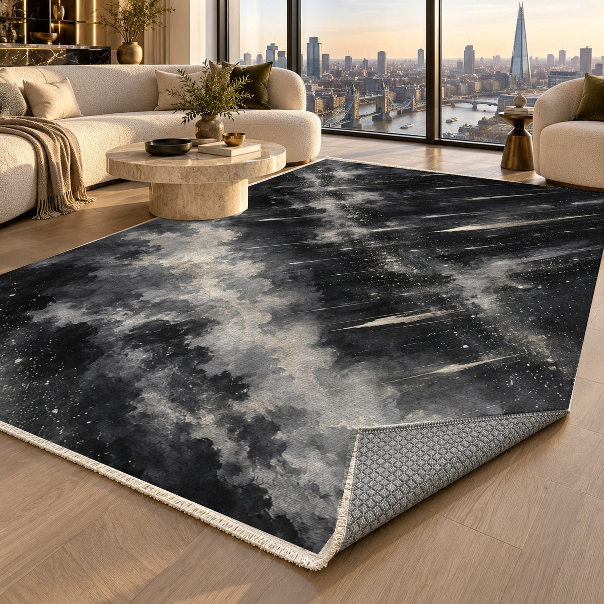 Meteor Trails Charcoal Abstract Washable Rug — london luxury living