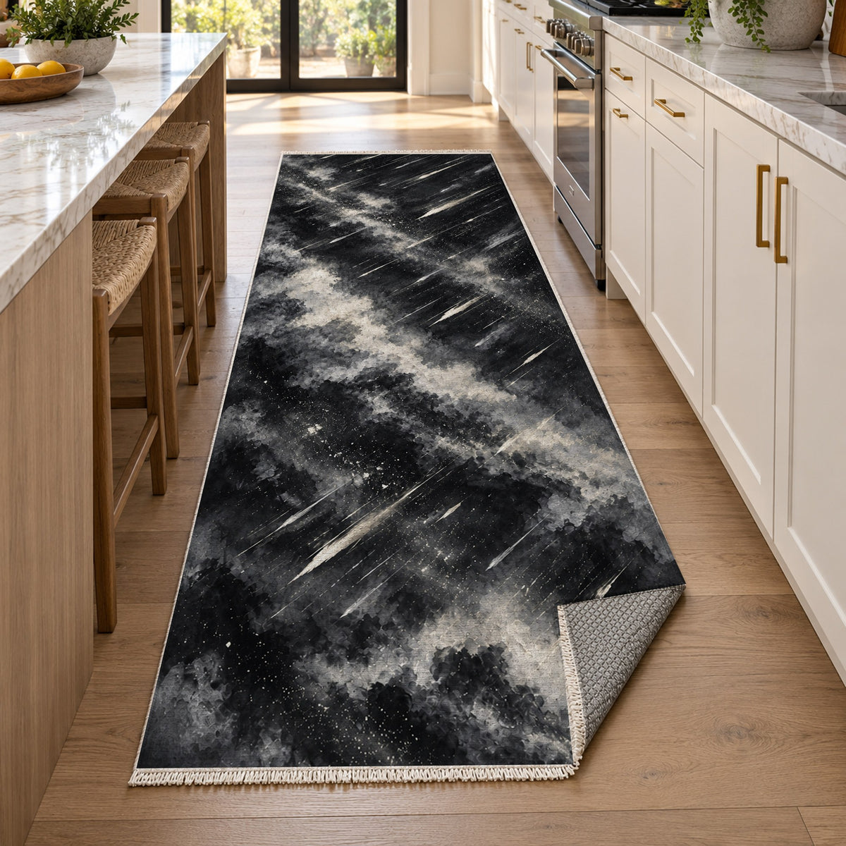 Meteor Trails Charcoal Abstract Washable Rug — new york kitchen runner