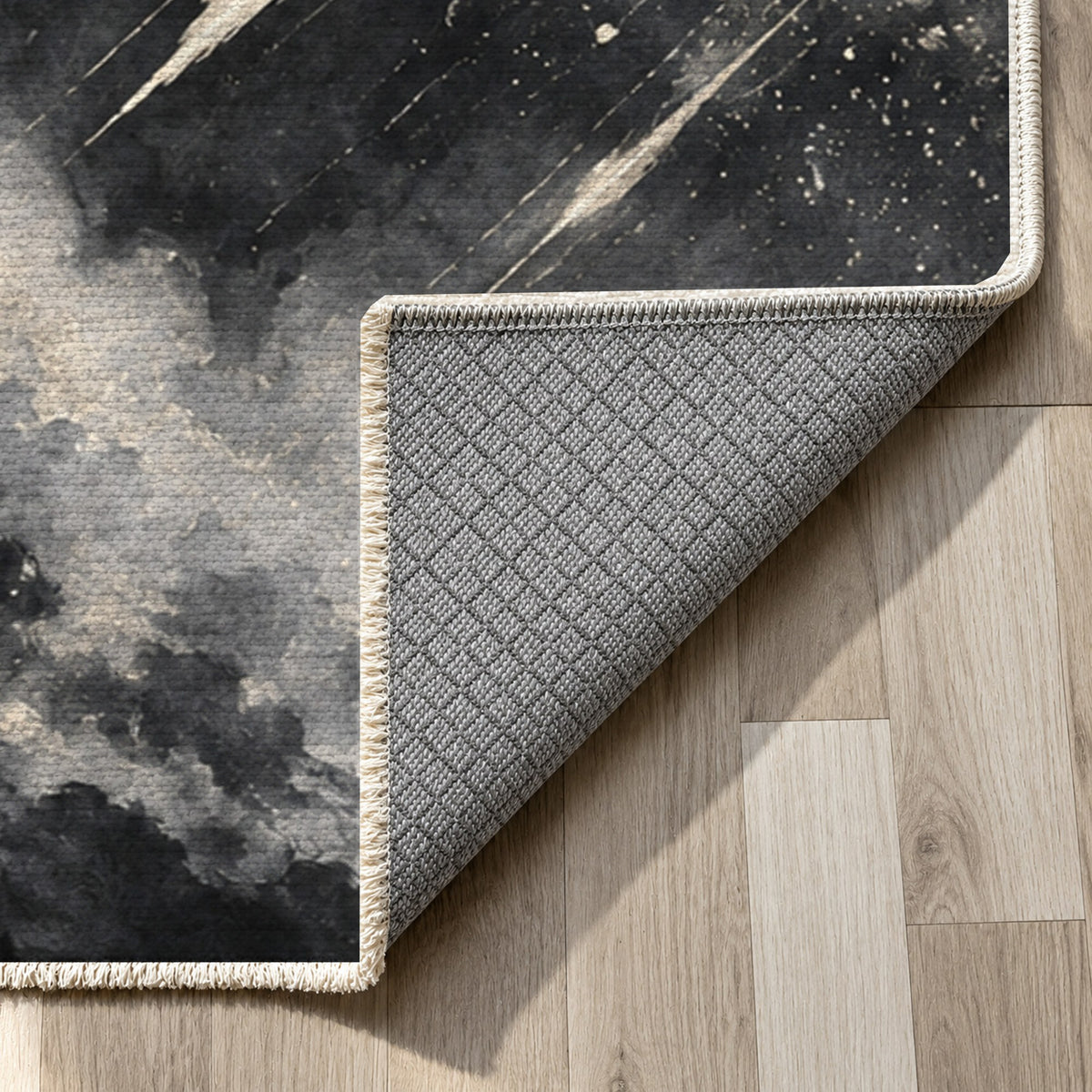 Meteor Trails Charcoal Abstract Washable Rug — backing close up