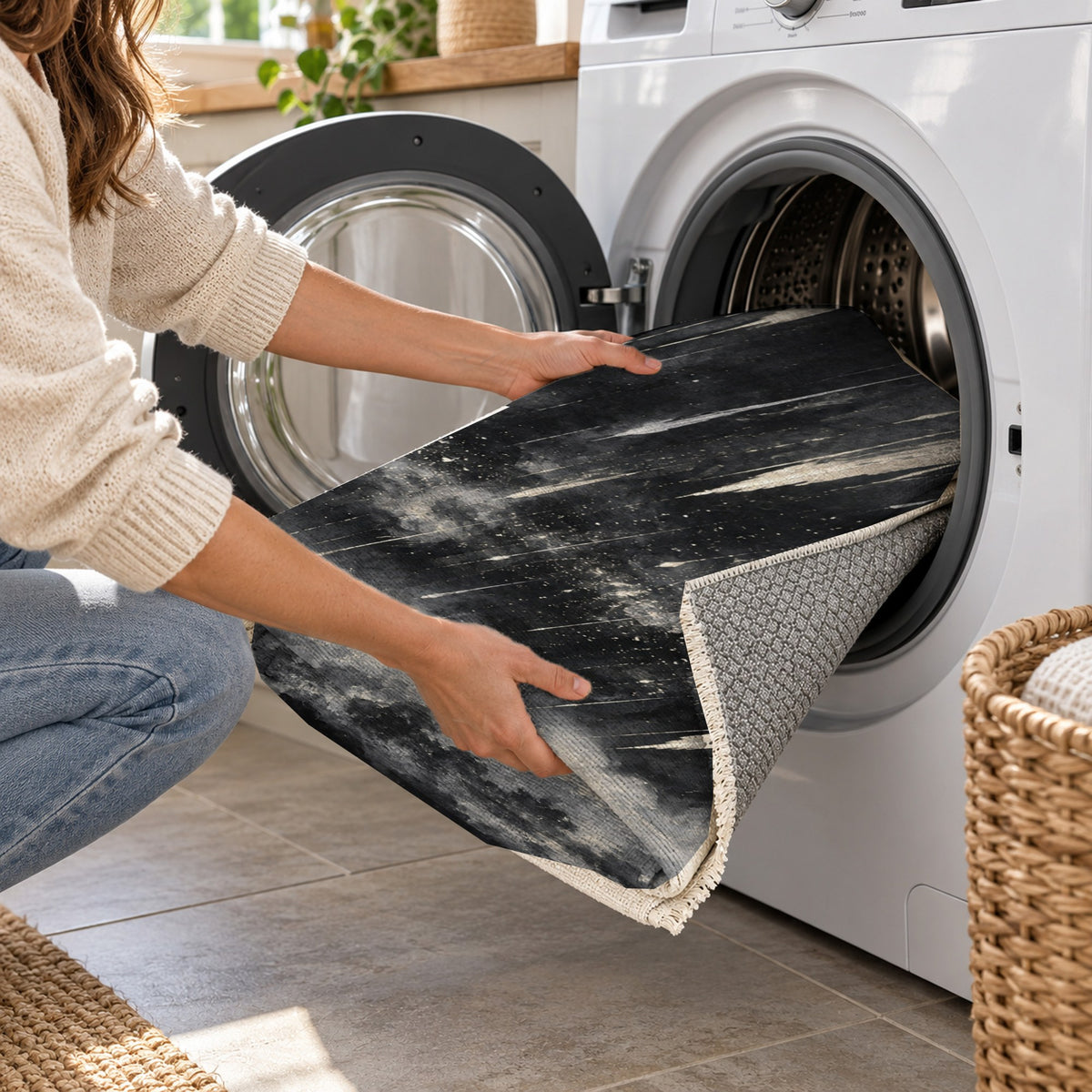 Meteor Trails Charcoal Abstract Washable Rug — washing machine