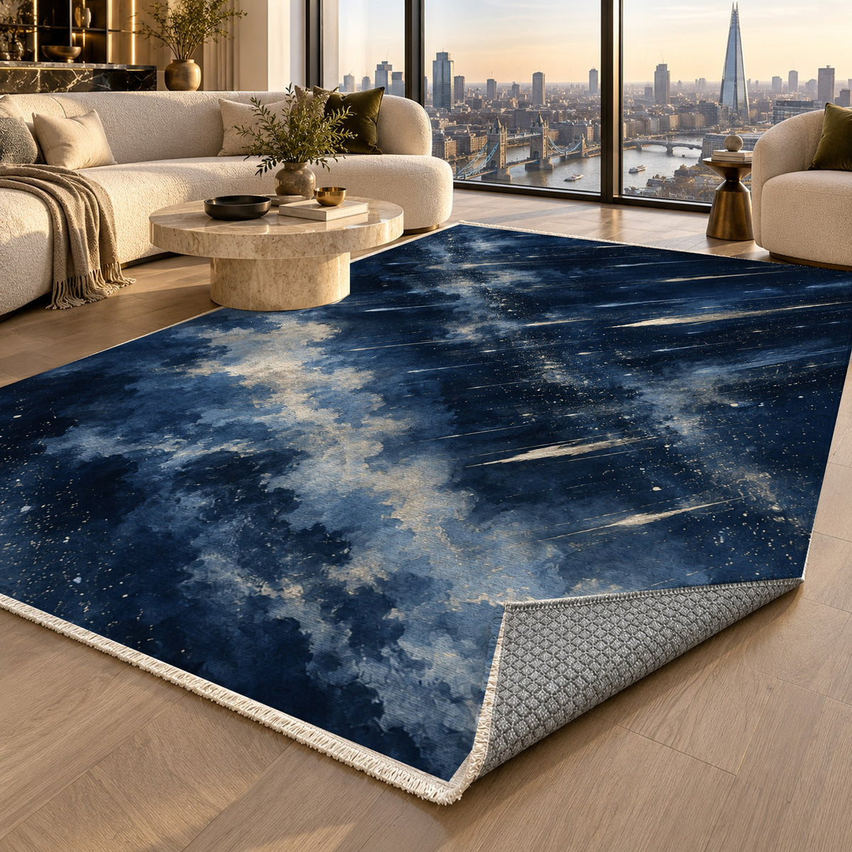 Meteor Trails Indigo Abstract Washable Rug — london luxury living