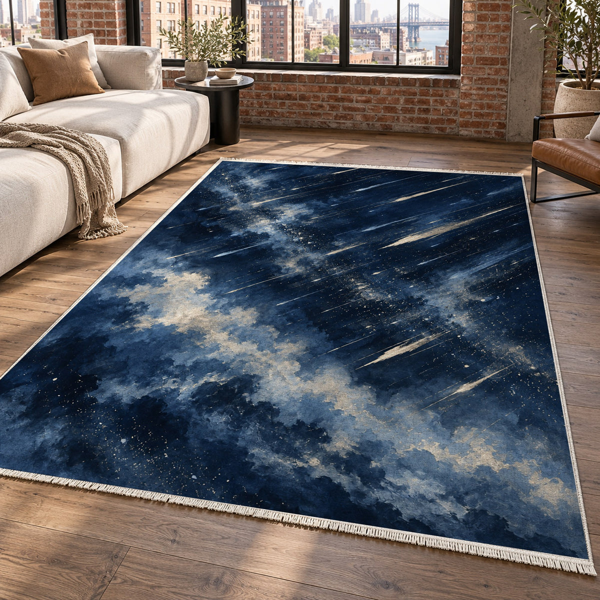 Meteor Trails Indigo Abstract Washable Rug — new york living