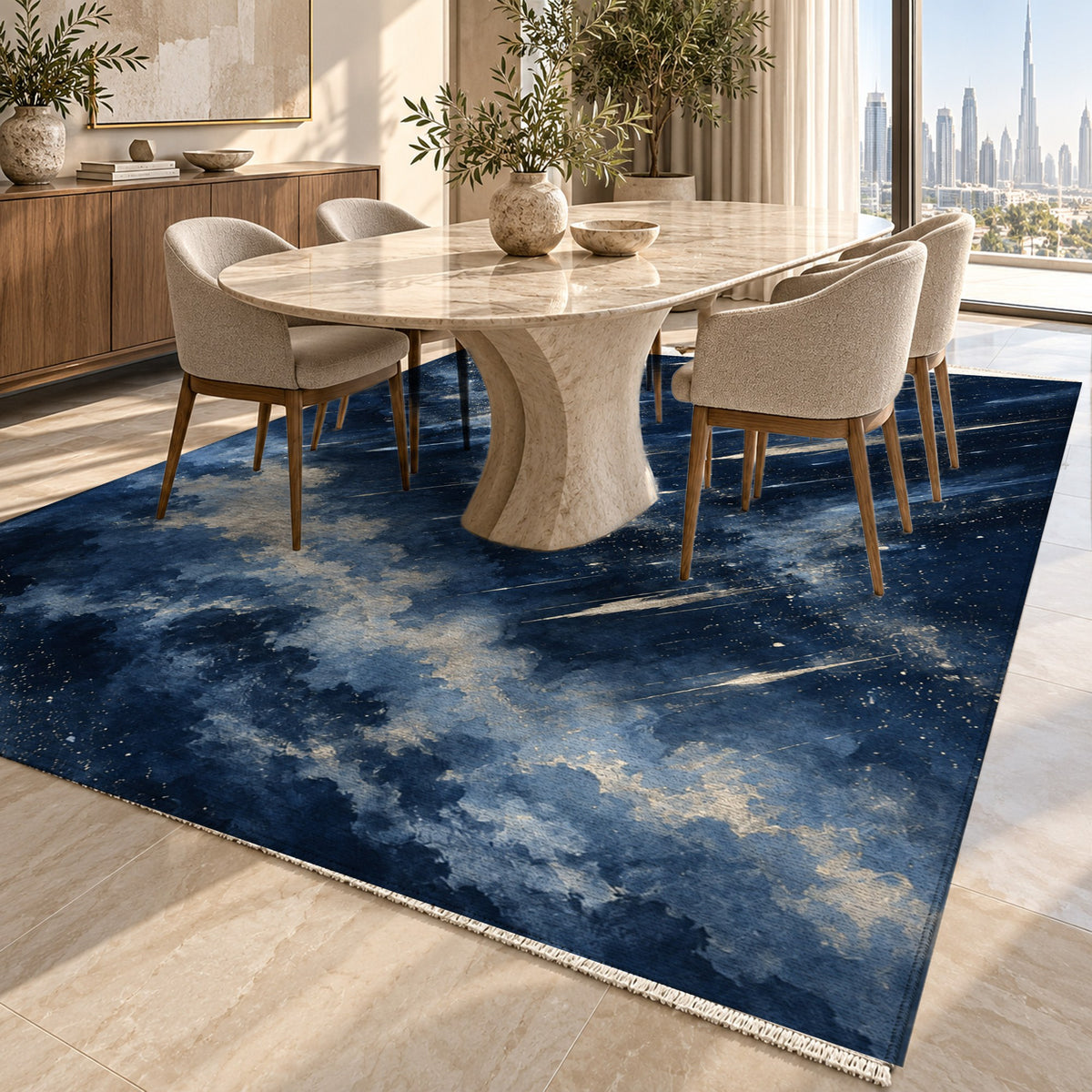 Meteor Trails Indigo Abstract Washable Rug — dubai dining