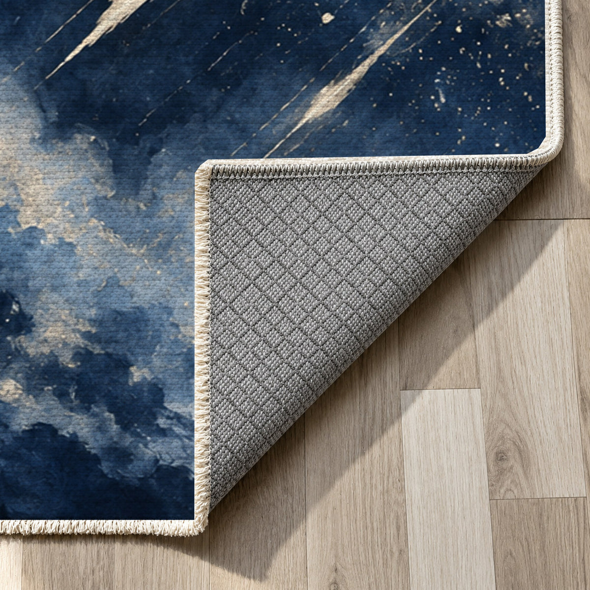 Meteor Trails Indigo Abstract Washable Rug — backing close up