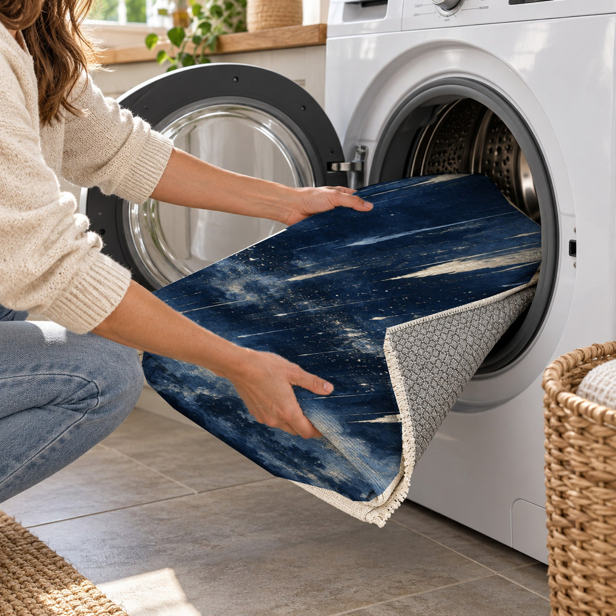 Meteor Trails Indigo Abstract Washable Rug — washing machine