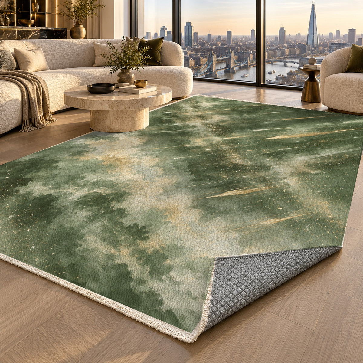 Meteor Trails Sage Abstract Washable Rug — london luxury living