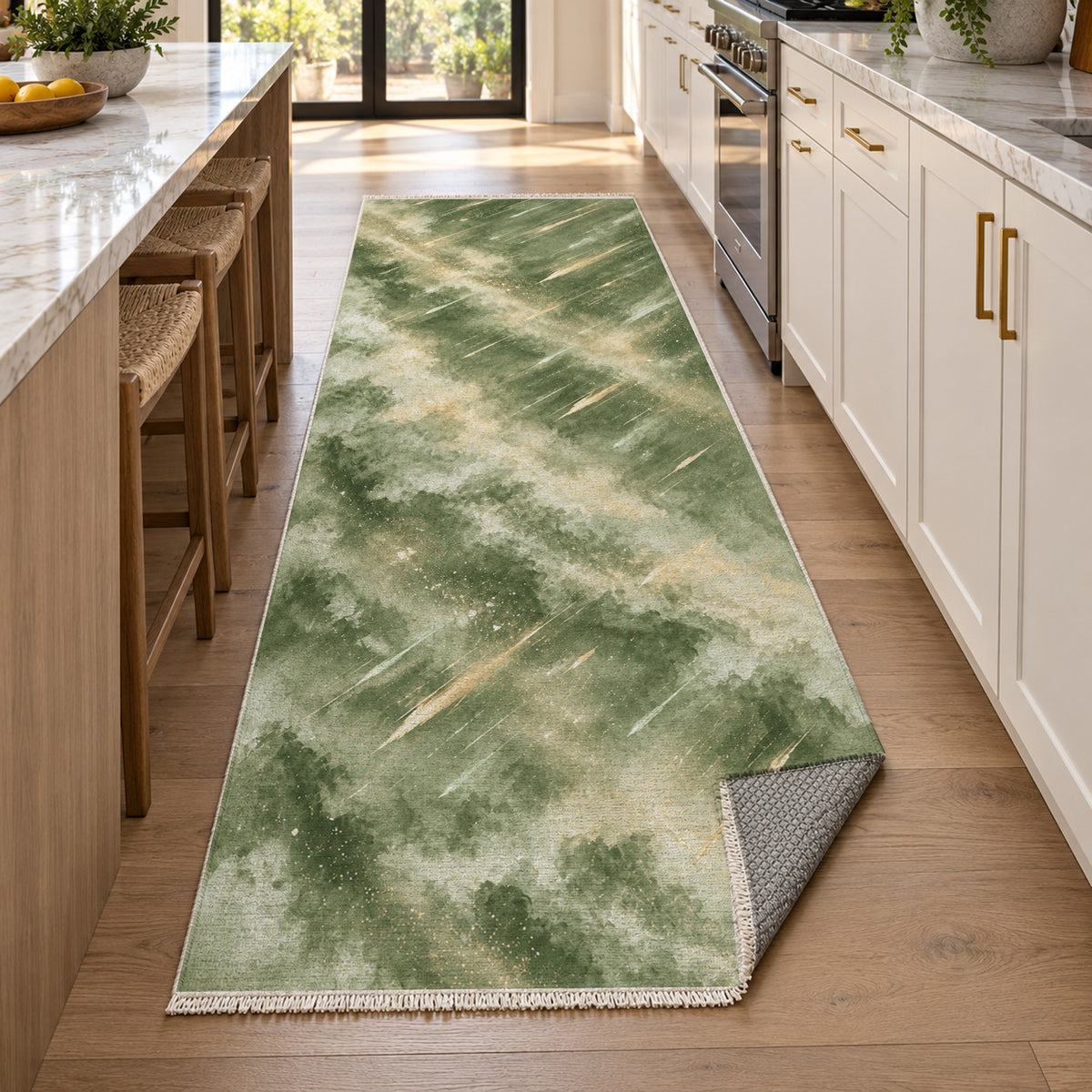 Meteor Trails Sage Abstract Washable Rug — new york kitchen runner