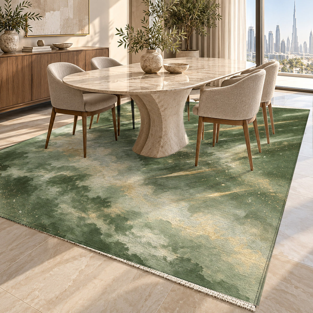 Meteor Trails Sage Abstract Washable Rug — dubai dining