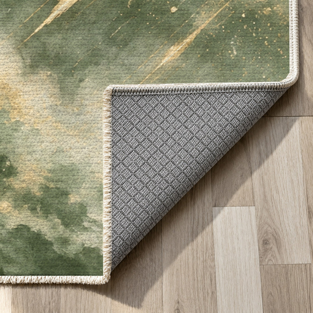 Meteor Trails Sage Abstract Washable Rug — backing close up