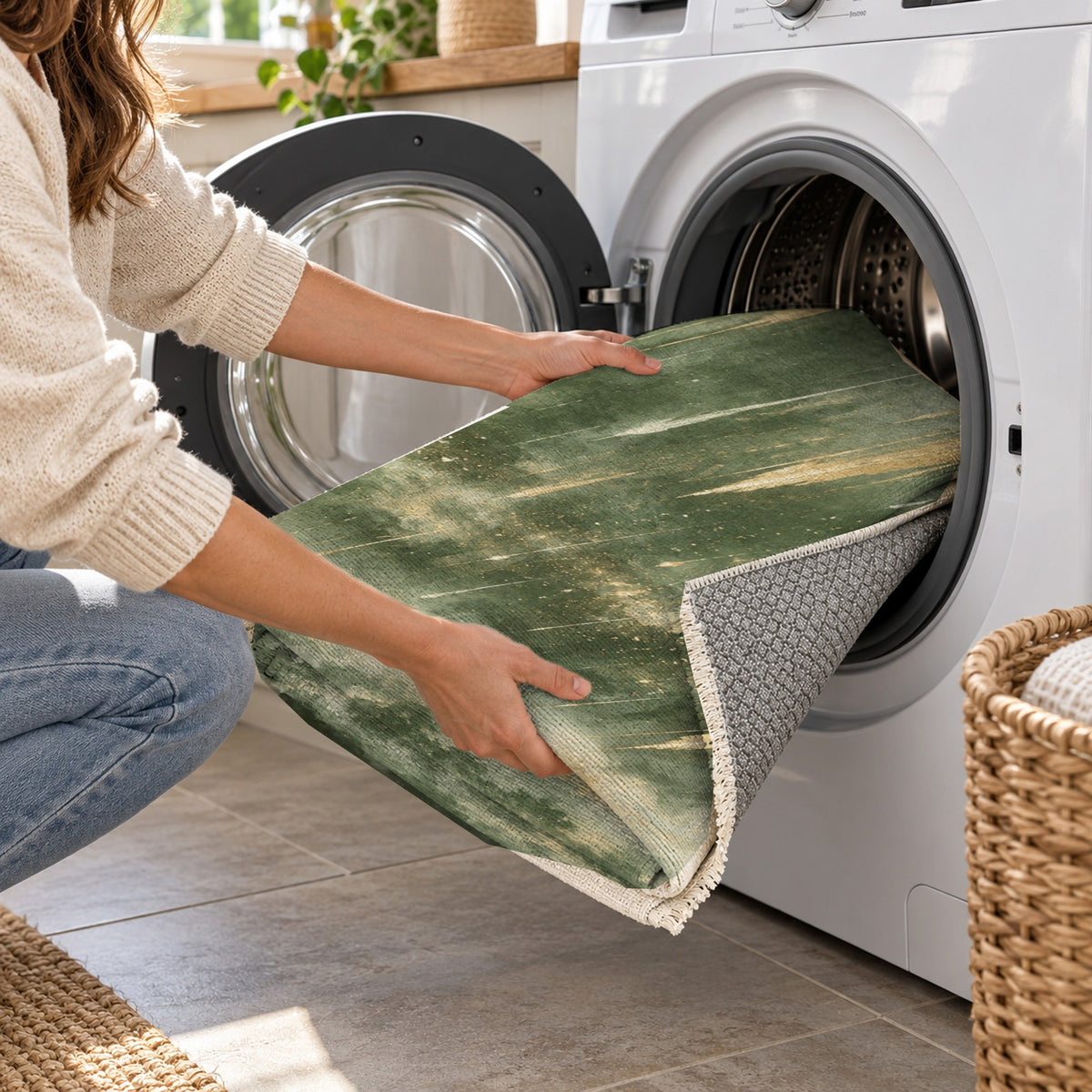 Meteor Trails Sage Abstract Washable Rug — washing machine