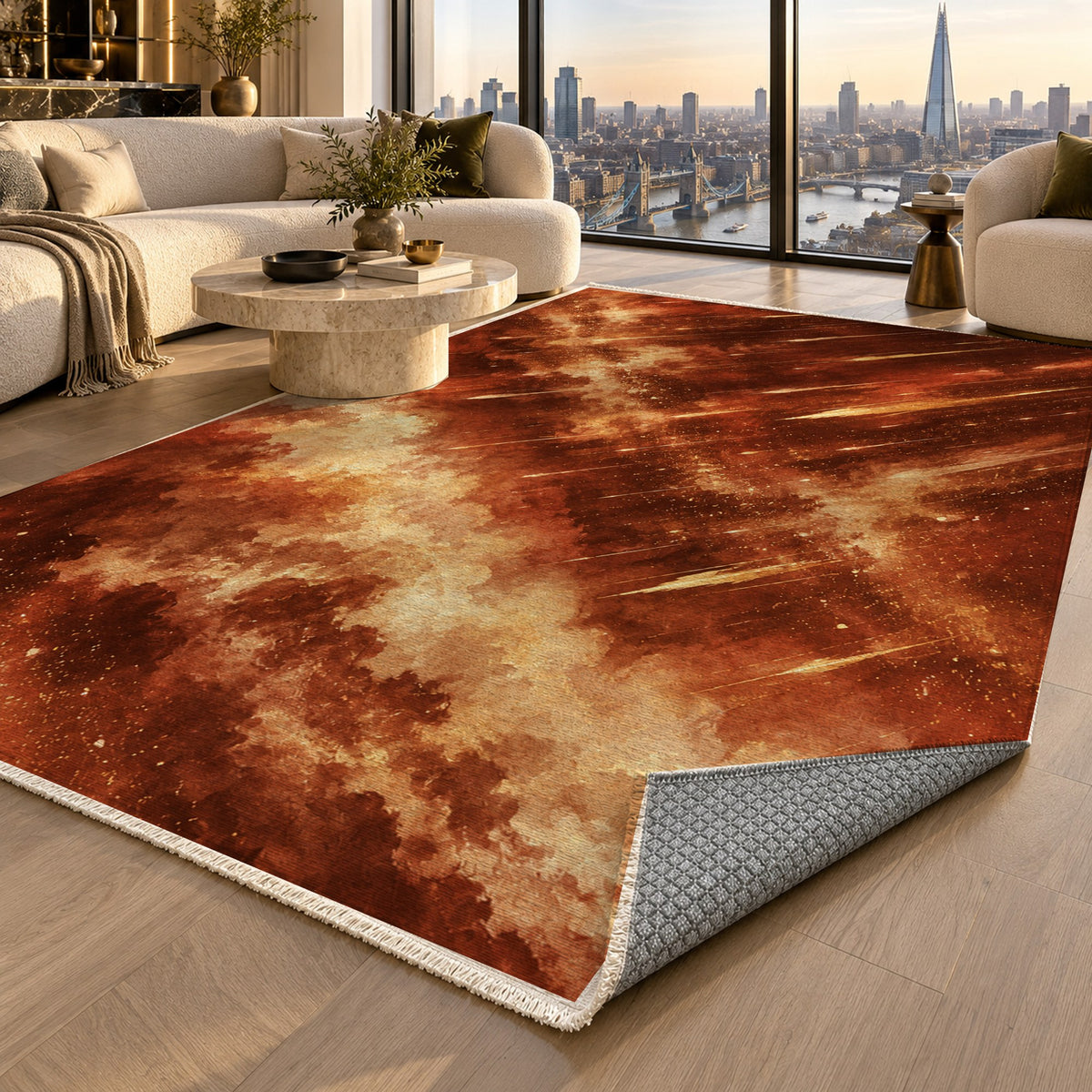 Meteor Trails Terracotta Abstract Washable Rug — london luxury living