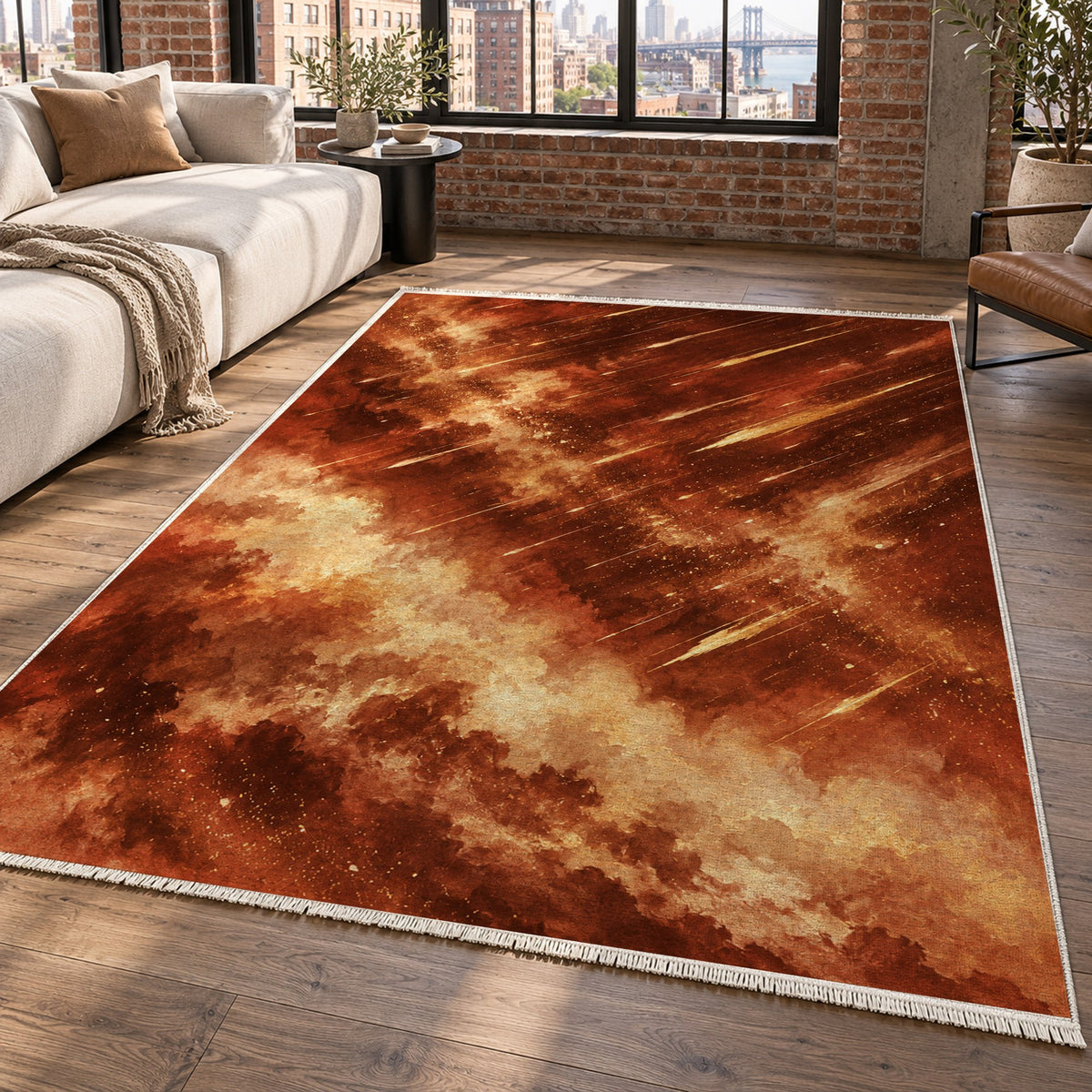 Meteor Trails Terracotta Abstract Washable Rug — new york living