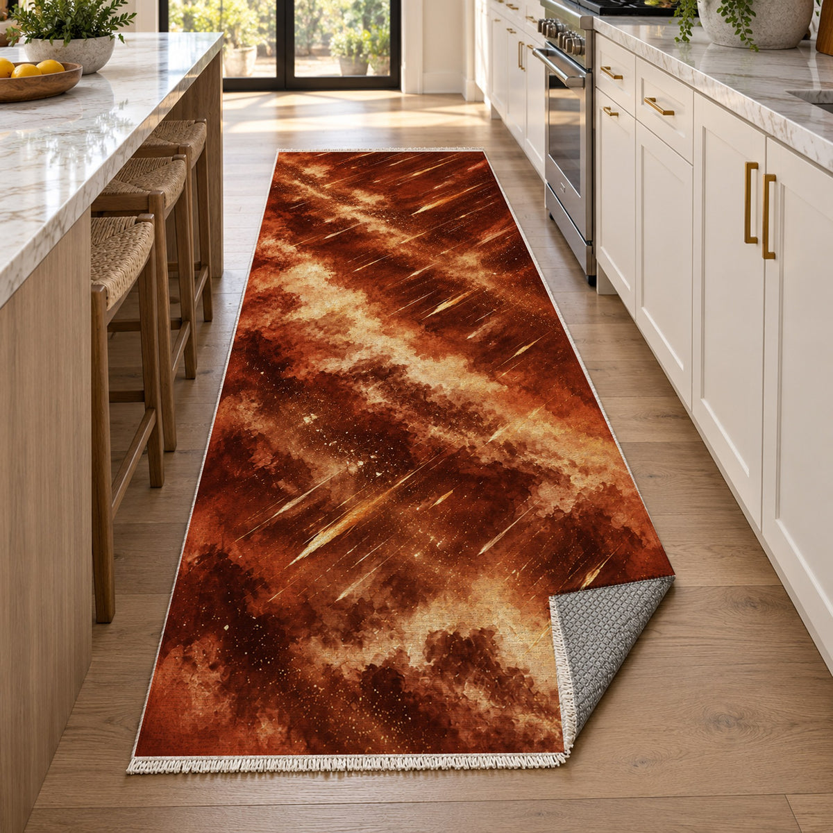 Meteor Trails Terracotta Abstract Washable Rug — new york kitchen runner