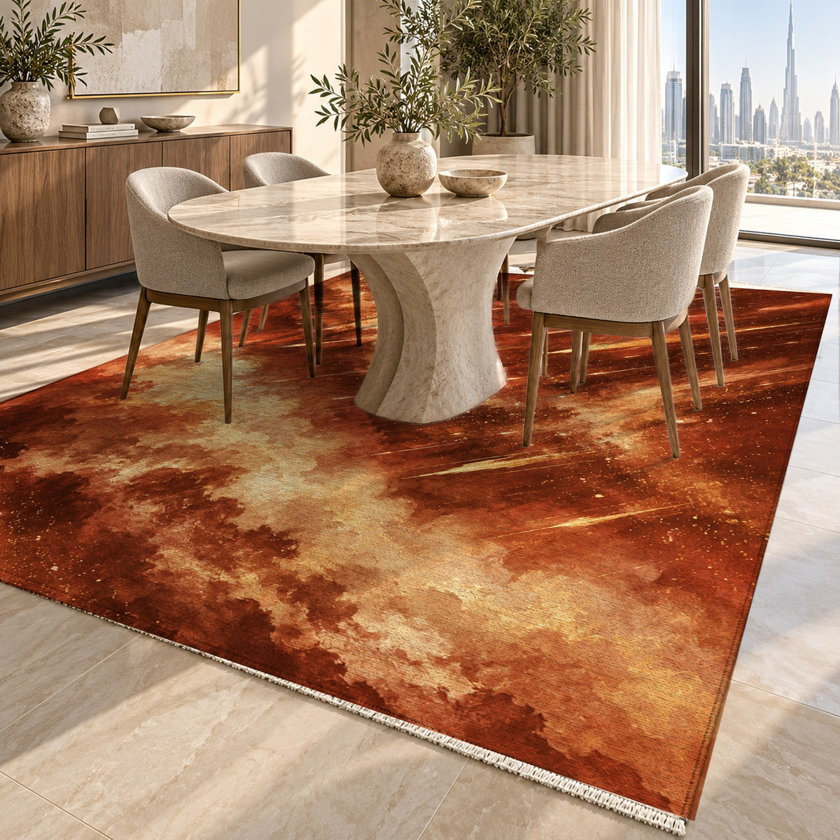 Meteor Trails Terracotta Abstract Washable Rug — dubai dining