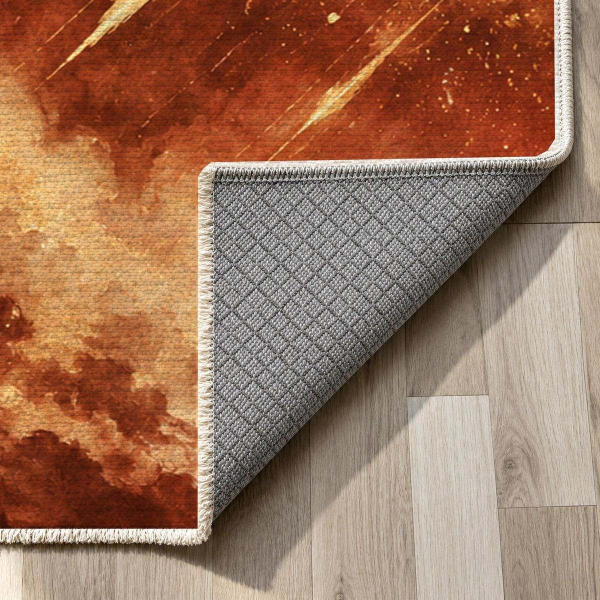 Meteor Trails Terracotta Abstract Washable Rug — backing close up