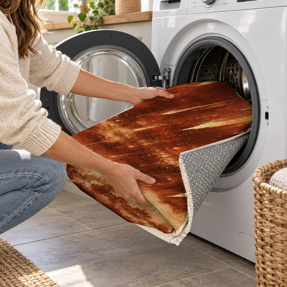 Meteor Trails Terracotta Abstract Washable Rug — washing machine