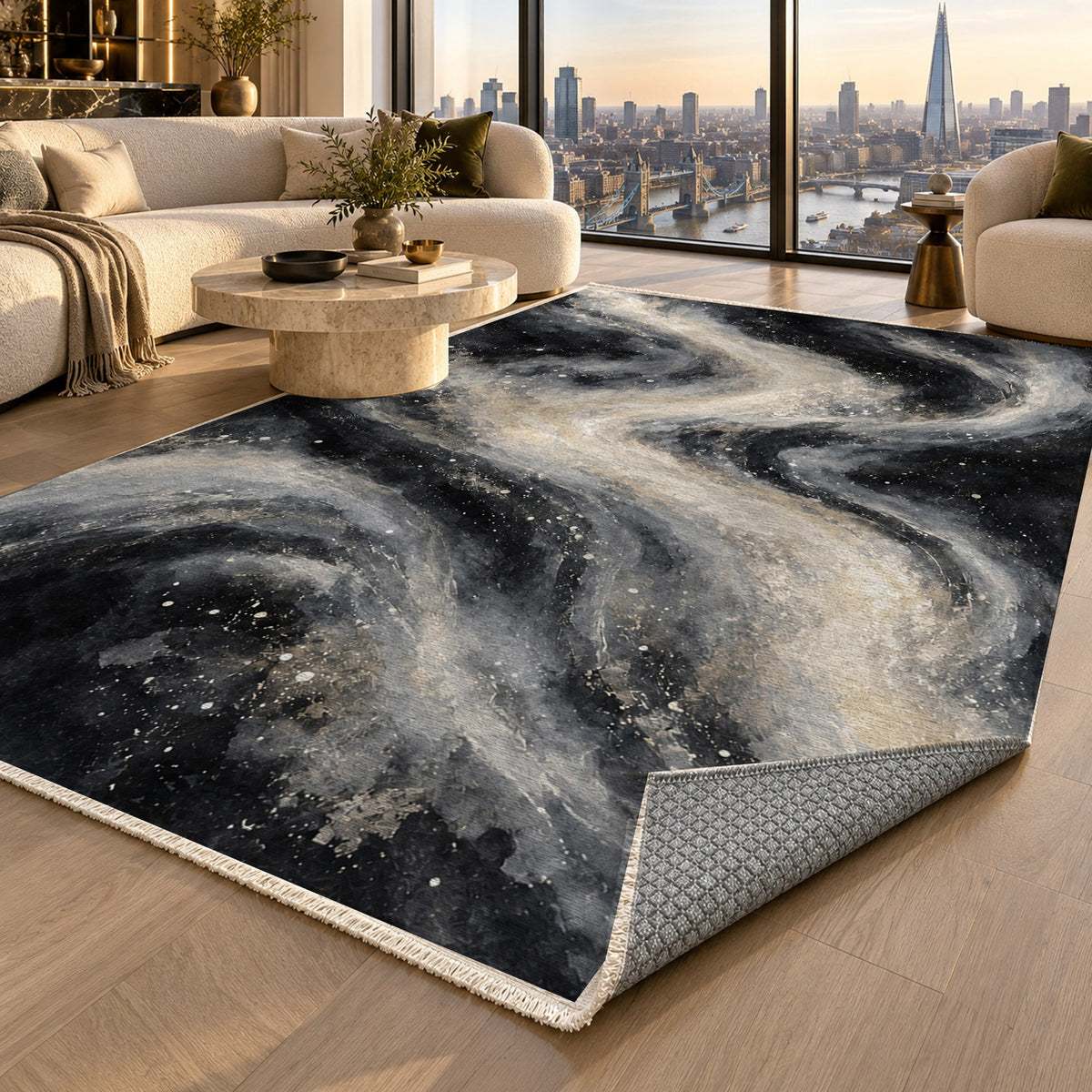 Milky Ribbons Charcoal Abstract Washable Rug — london luxury living