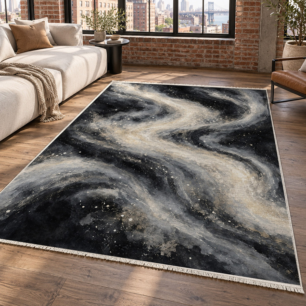 Milky Ribbons Charcoal Abstract Washable Rug — new york living