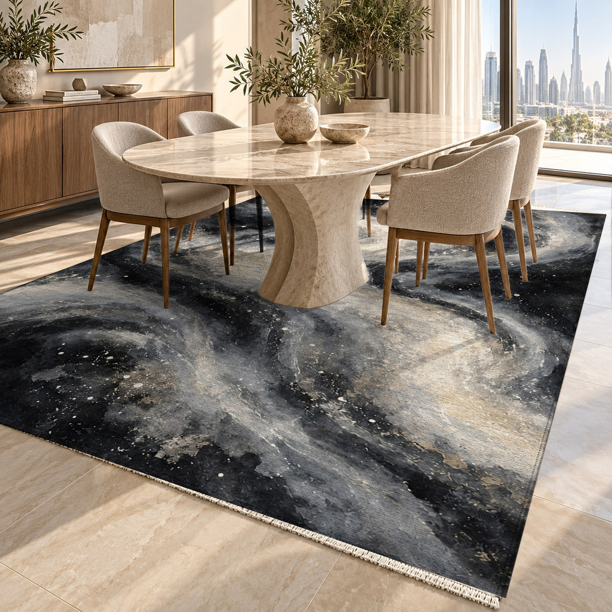 Milky Ribbons Charcoal Abstract Washable Rug — dubai dining